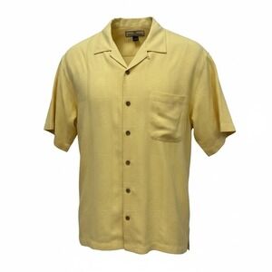 Tommy Bahama Yellow 100% Silk Shirt Palm tree embroidery Large